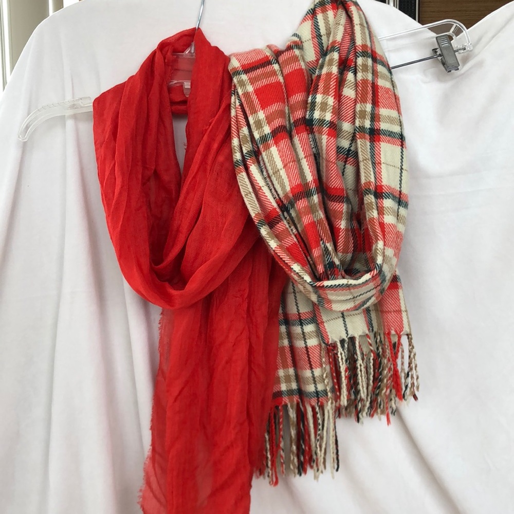 2 J. Crew Scarves, red and plaid. one size